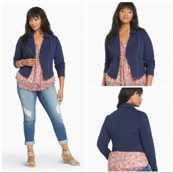 torrid Jackets & Blazers - Torrid Textured Cropped Moto Zippered Jacket Blue Women's Plus Size 2
